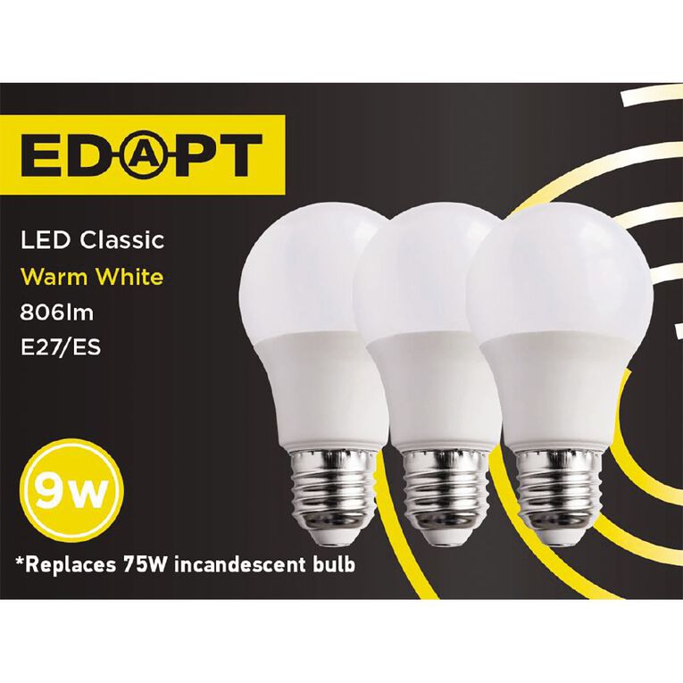 Edapt LED E27 Classic Light Bulb 9W Warm White 3 Pack, , hi-res