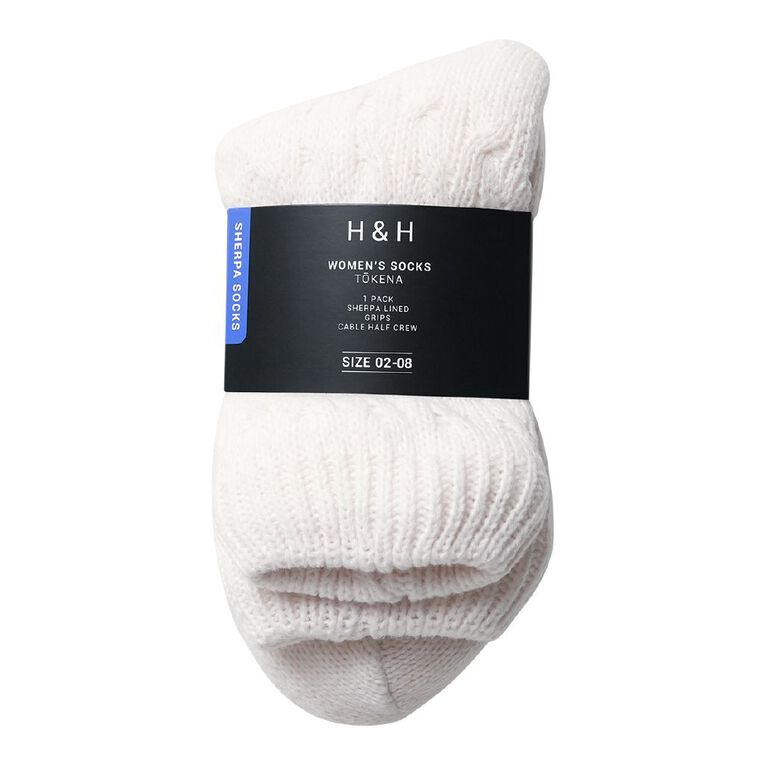 H&H Women's Sherpa Cable Half Crew Socks 1 Pack, Cream, hi-res