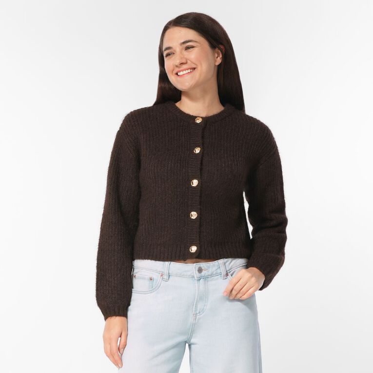 H&H Women's Fluffy Knit Cardigan, Brown Dark, hi-res