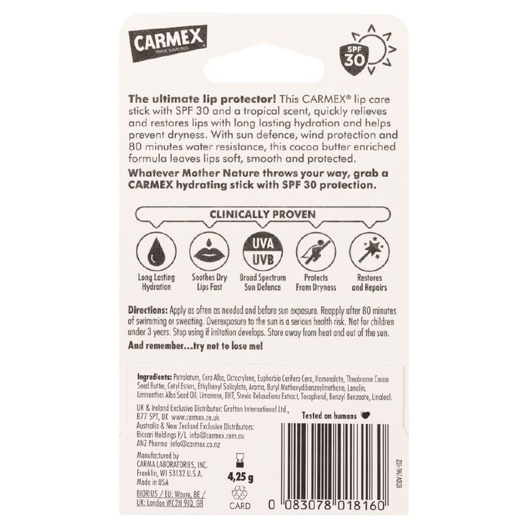 Carmex Tropical Sun Defence Lip Balm 4.5g, , hi-res