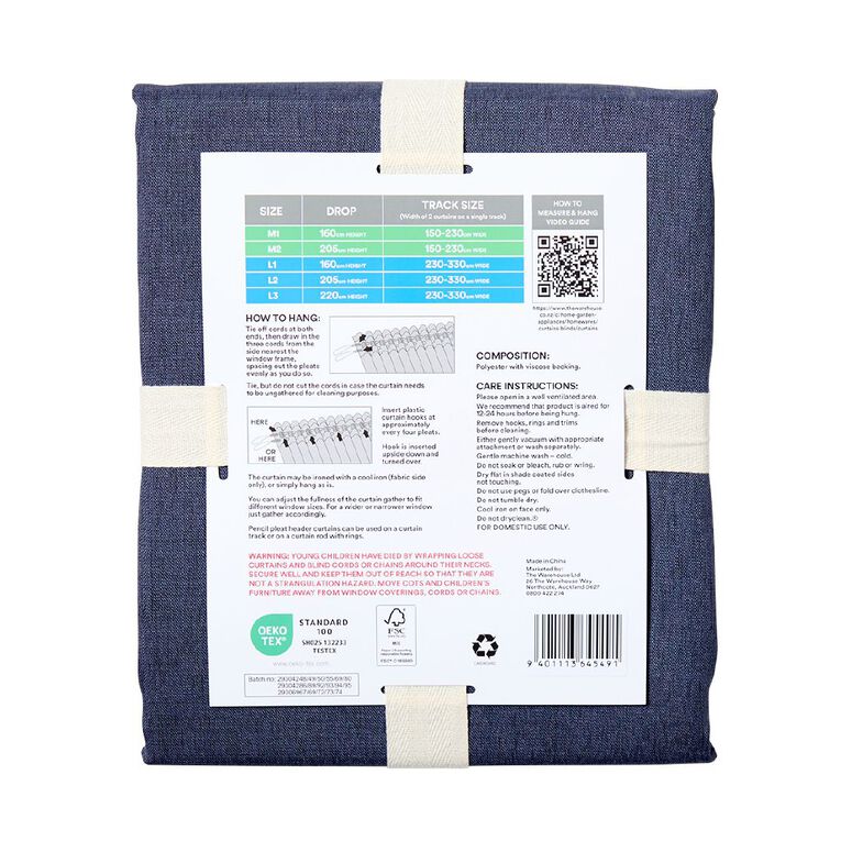 Living & Co Loft Curtains Navy 150-230cm Wide/205cm Drop, , hi-res