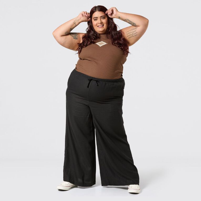 H&H Curve Women's Linen Blend Wide Leg Pants, Black, hi-res