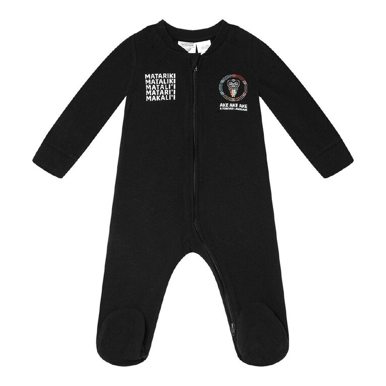 MLC Matariki Babies' 2 Way Zip All-in-One, Black, hi-res