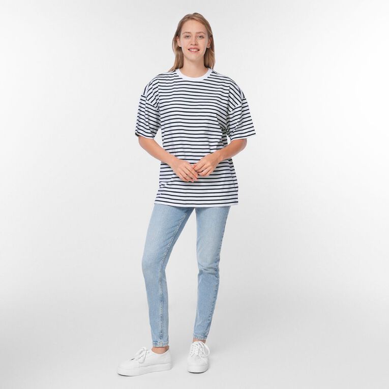 H&H Women's Oversized Boyfriend Stripe Tee, Navy/White, hi-res