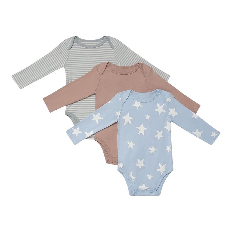 Young Original Babies' Long Sleeve Printed Bodysuit 3 Pack, Blue Light STAR, hi-res