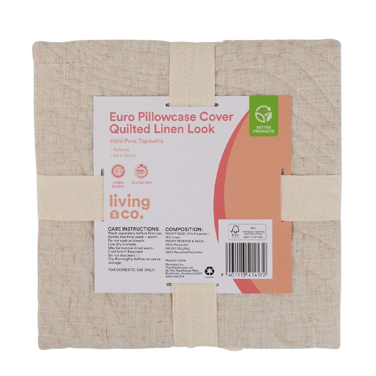 Living & Co Euro Pillowcase Cover Quilted Linen Look Natural 65cm x 65cm, , hi-res