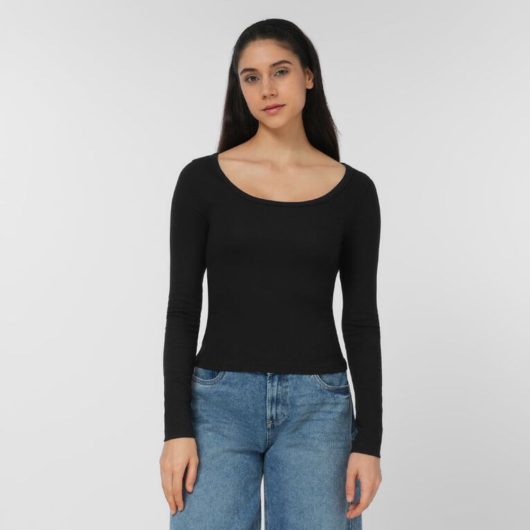 H&H Women's Long Sleeve Scoop Neck Rib Top, Black, hi-res