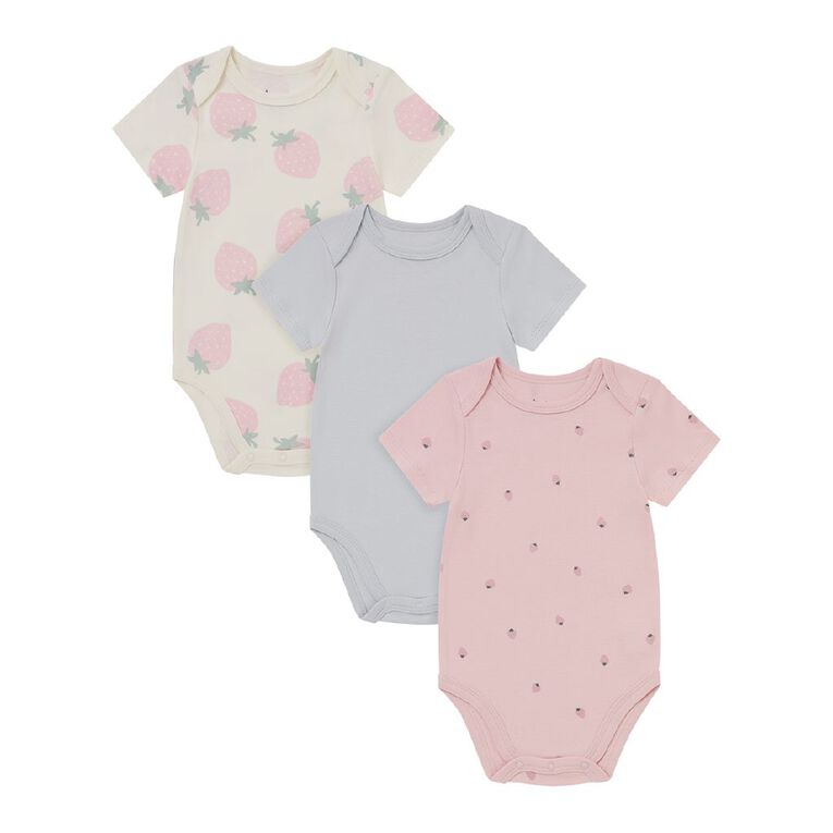 Young Original Babies' Short Sleeve Printed Bodysuit 3 Pack, Cream STRAWBERRY, hi-res