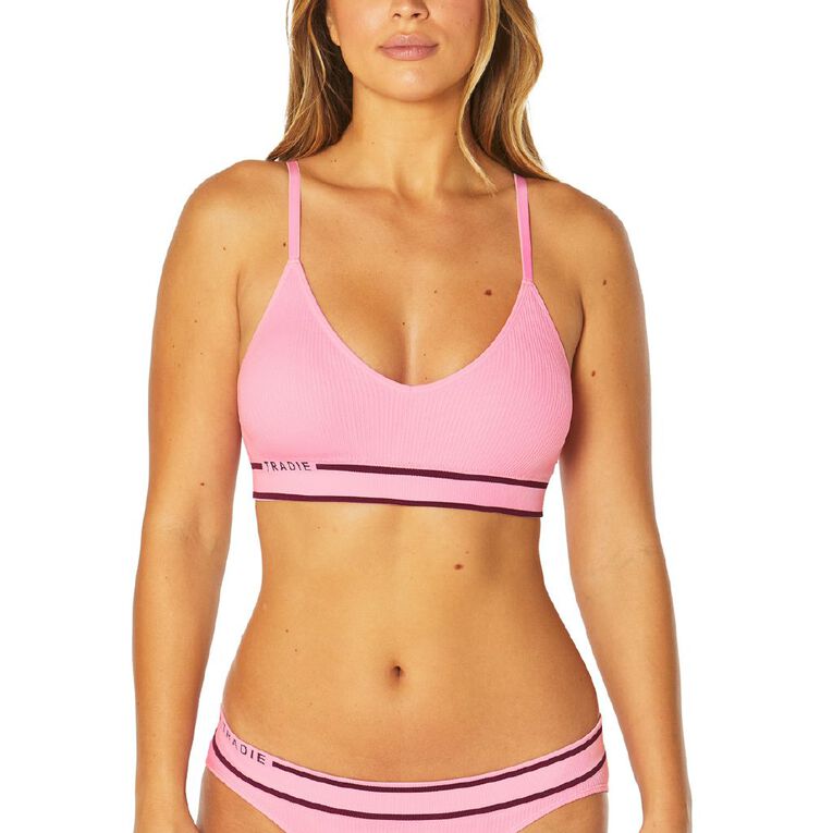 Tradie Women's Seamfree Rib Padded Bralette, Pink Mid, hi-res