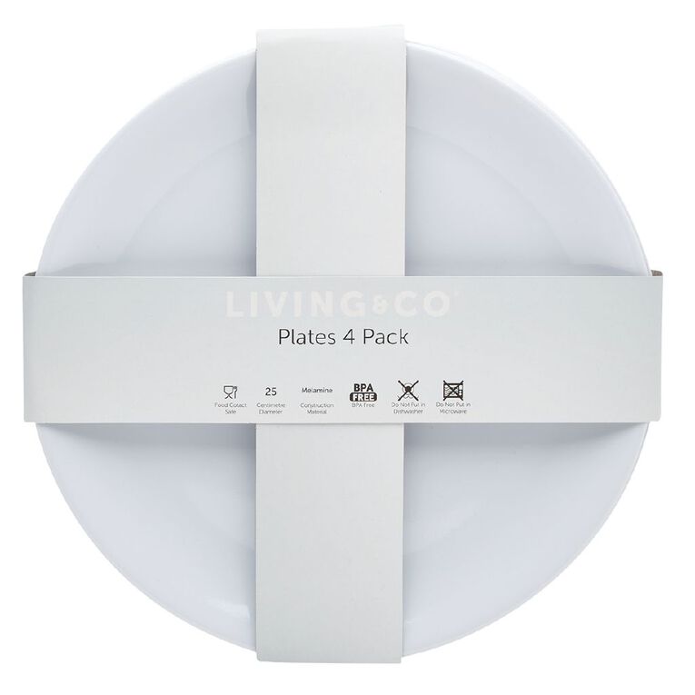Living & Co Melamine Dinner Plate Reusable White 4 Pack, , hi-res
