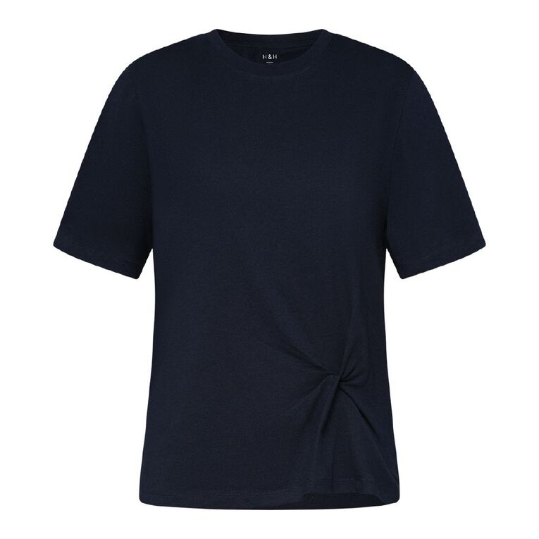 H&H Women's Short Sleeve Twist Front Tee, Navy, hi-res