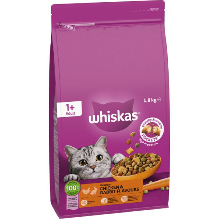 Whiskas Adult Dry Cat Food Chicken & Rabbit Bag 1.8kg, , hi-res
