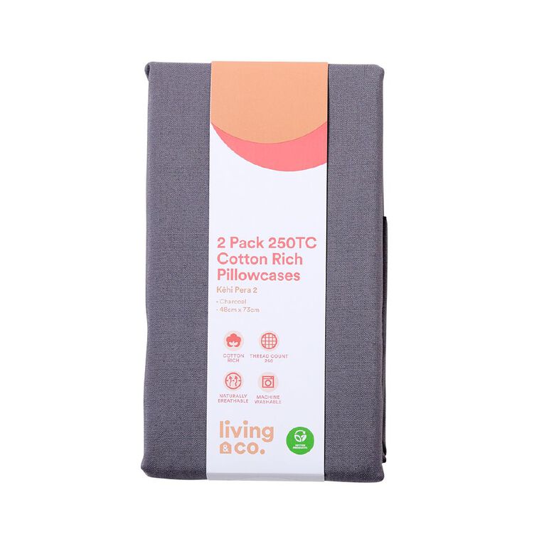 Living & Co Pillowcase 250TC 2 Piece Grey One Size, , hi-res