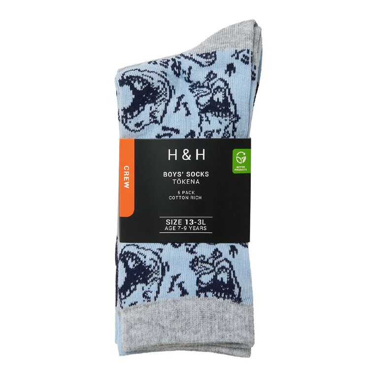 H&H Boys' Crew Jacquard Socks 5 Pack, Blue Mid, hi-res