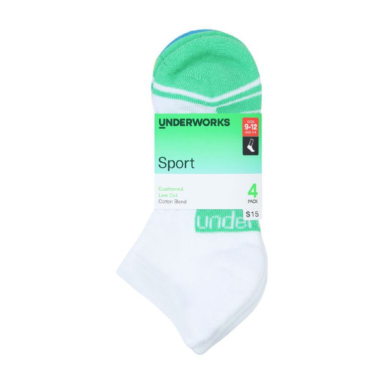 Underworks Kids' Low Cut Sports Socks 4 Pack, White, hi-res