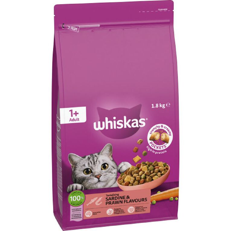 Whiskas Adult Dry Cat Food Sardine & Prawn Bag 1.8kg, , hi-res