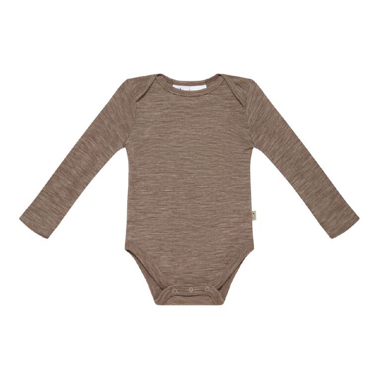 Young Original Babies' Merino Long Sleeve Bodysuit, Brown Mid, hi-res