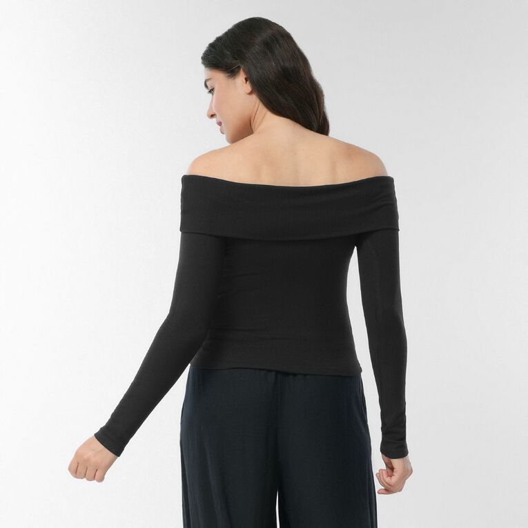 H&H Women's Long Sleeve Rib Bardot, Black, hi-res