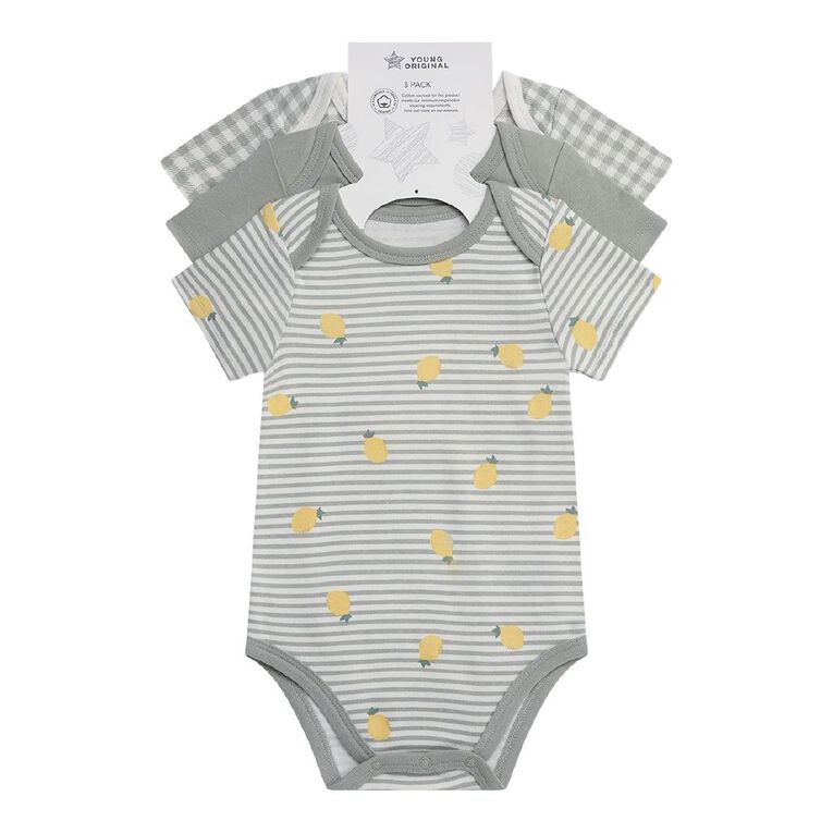 Young Original Babies' Short Sleeve Printed Bodysuit 3 Pack, Green Light, hi-res