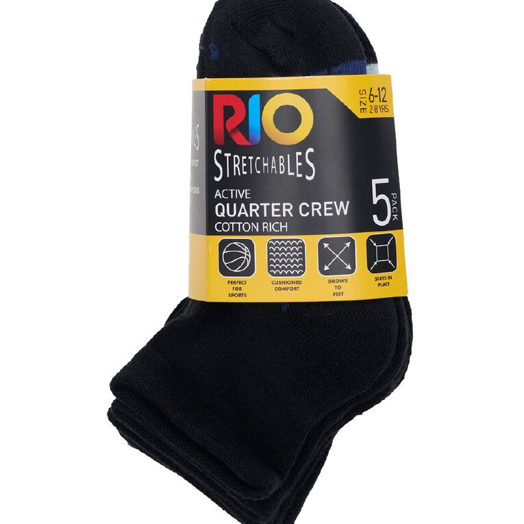 Rio Boys' Stretchables Quarter Crew Socks 5 Pack, Black 80K, hi-res