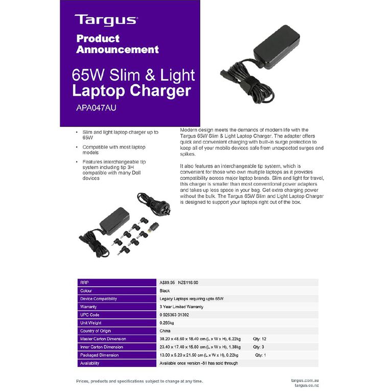 Targus 65W Slim Light Laptop Charger, , hi-res