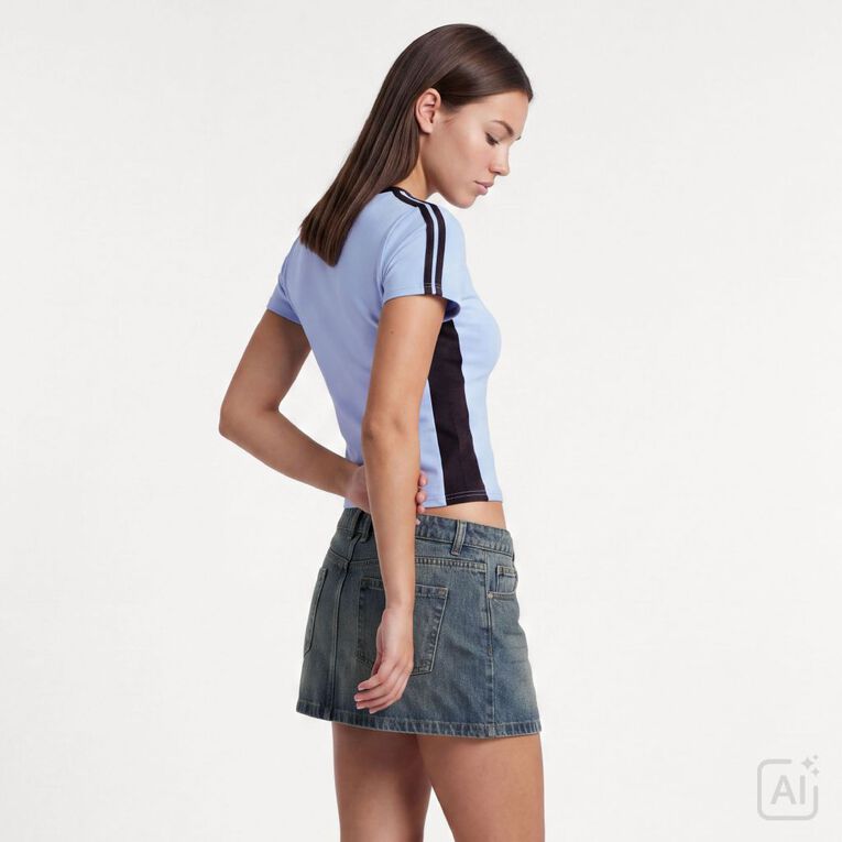 Garage Women's Short Sleeve V-Neck Contrast Panel Tee, Blue Mid, hi-res