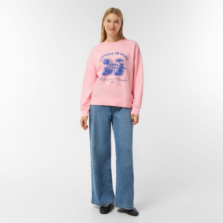 H&H Women's Drop Shoulder Graphic Crew, Pink Mid, hi-res