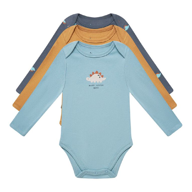 Young Original Babies' Long Sleeve Printed Bodysuit 3 Pack, Blue Light DINO, hi-res