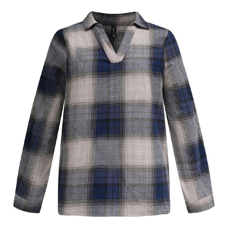 H&H Women's Long Sleeve Check Popover Shirt, Navy, hi-res