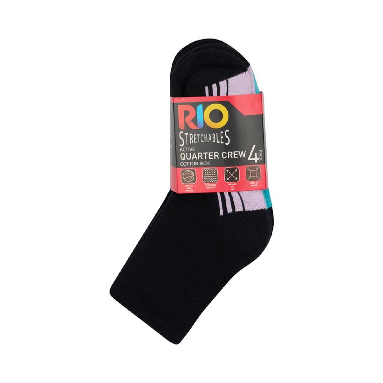 Rio Women's Quarter Crew Stretchable Socks 4 Pack, Black, hi-res