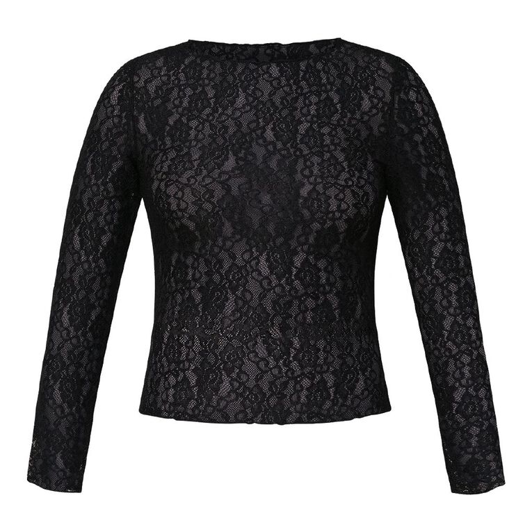 BRDRLESS Lexi Lace Long Sleeve Top, Black, hi-res