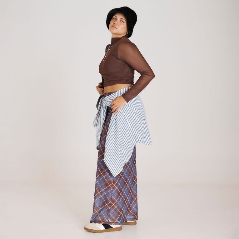 BRDRLESS Blake Crop Mesh Long Sleeve Top, Brown Dark, hi-res