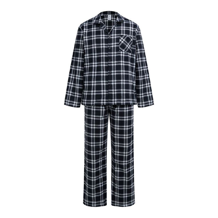 H&H Men's Button Up Flanelette Pyjama Set, Black, hi-res
