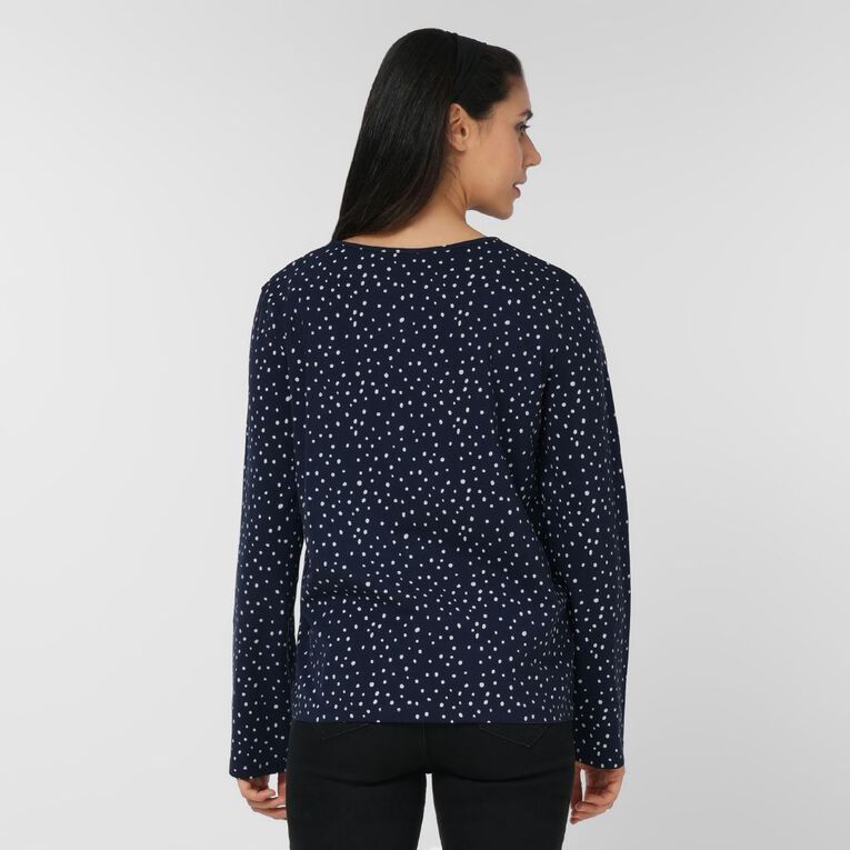 H&H Women's Long Sleeve Keyhole Print Top, Navy, hi-res