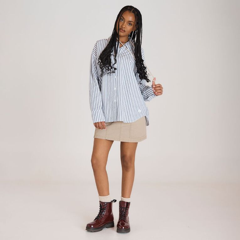 BRDRLESS Drew Tie Waist Shirt, White/Navy, hi-res