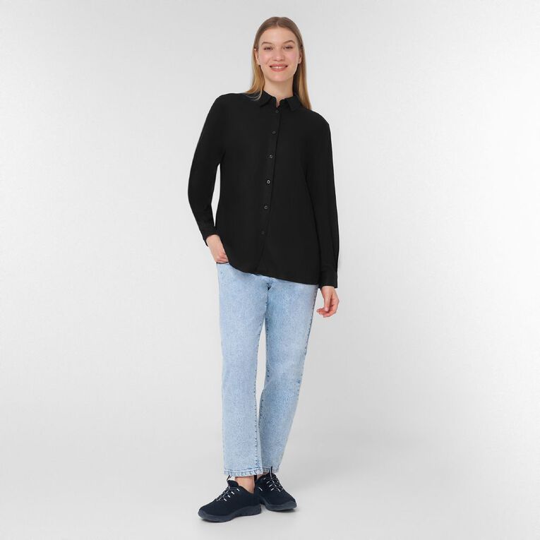 H&H Women's Long Sleeve Linen Blend Shirt, Black, hi-res