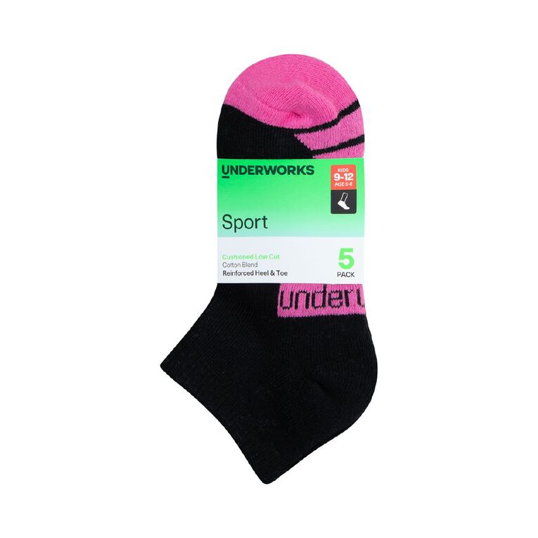 Underworks Girls' Cushioned Sport Low Cut Socks 5 Pack, Black, hi-res