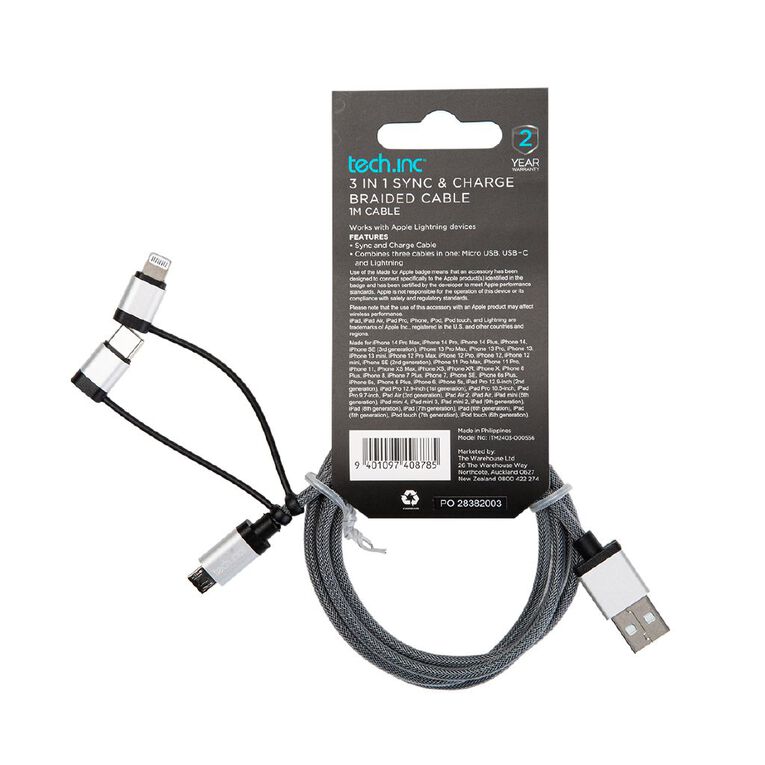 Tech.Inc Micro USB/Lightning/USB-C Cable 1m, , hi-res