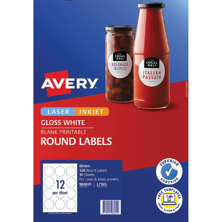 Avery Round Glossy 120 Labels White 60mm diameter, , hi-res
