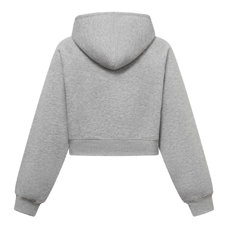 Garage Women's Cropped Diamante Studded Hoodie, Grey Marle, hi-res