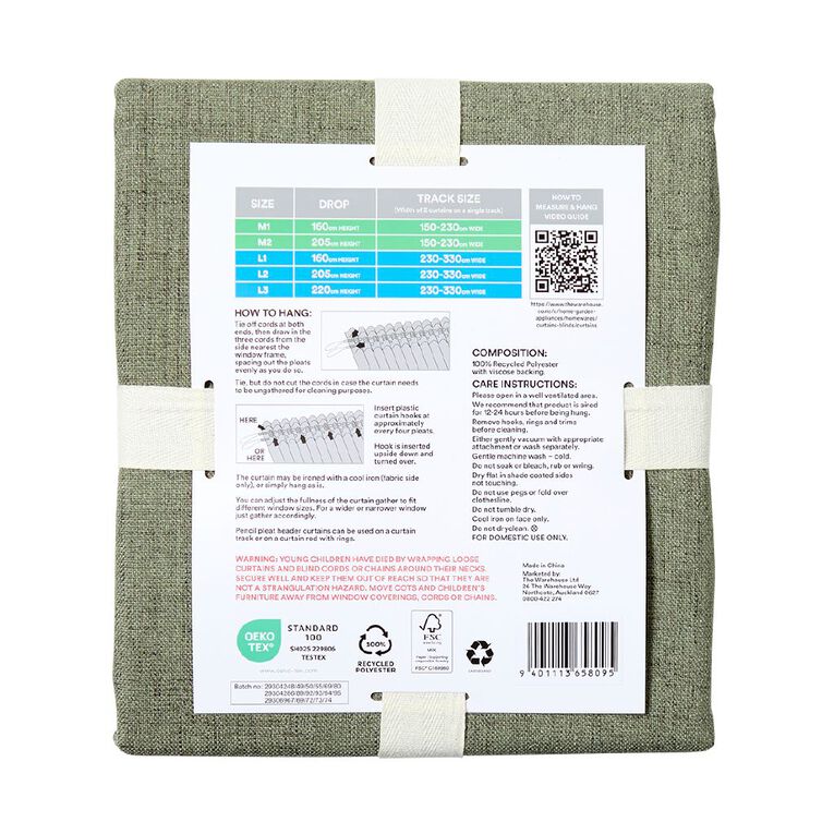 Living & Co Vienna Curtains Green 150-230cm Wide/205cm Drop, , hi-res