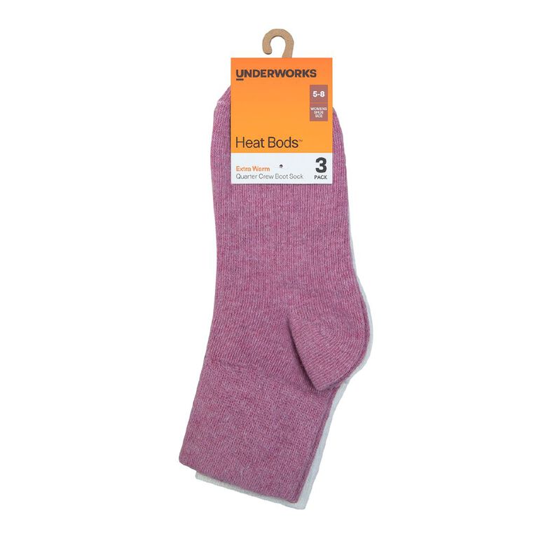 Underworks Women's Heat Bods Quarter Crew Boot Socks 3 Pack, Pink Dark, hi-res