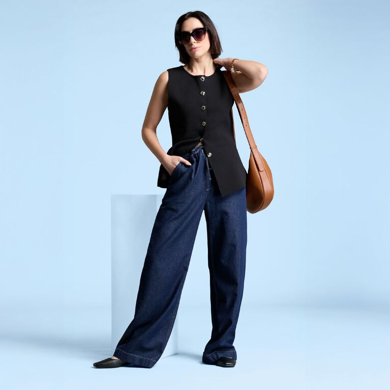 H&H Women's Wide Leg Pull On Jeans, Denim Mid, hi-res