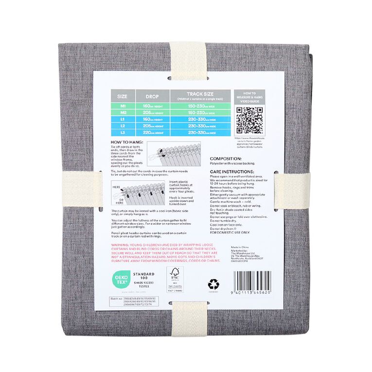 Living & Co Loft Curtains Grey 150-230cm Wide/205cm Drop, , hi-res
