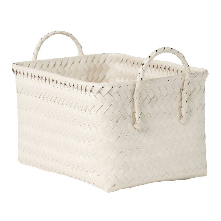 Living & Co Rectangle Plastic Woven Basket Cream, , hi-res