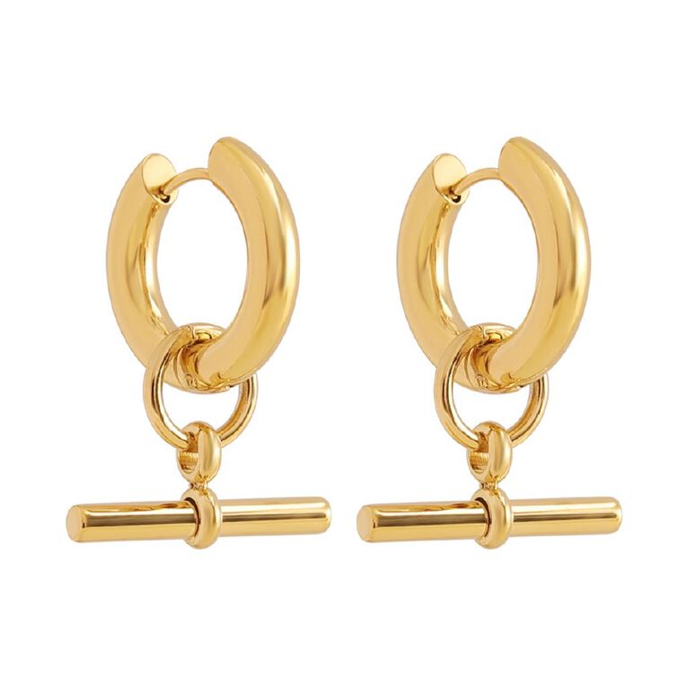 Waterproof Gold Plated Hoop T-Bar Earrings, , hi-res