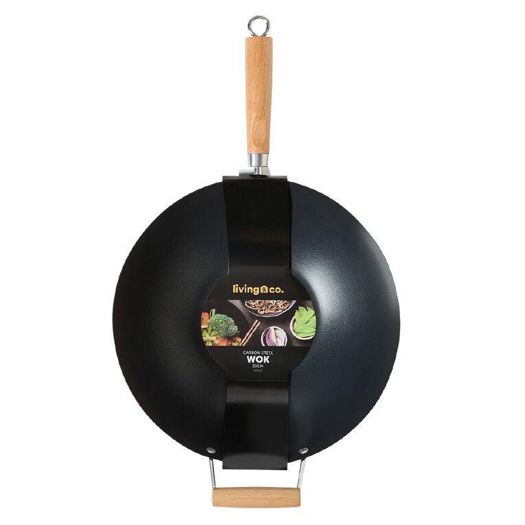 Living & Co Non Stick Wok with Wooden Handle Black 35cm, , hi-res