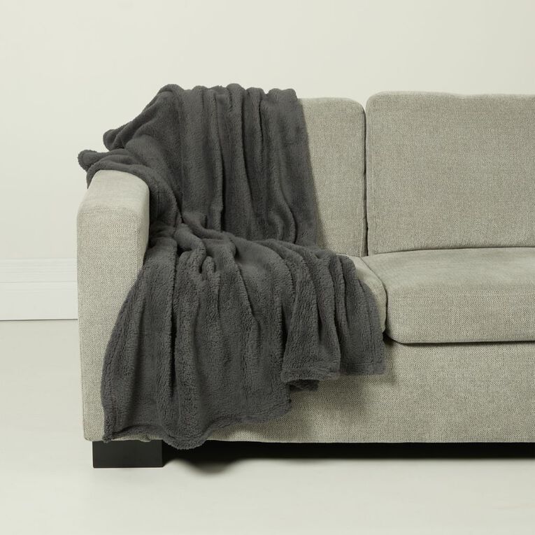 Living & Co Throw Sherpa Charcoal 127cm x 152cm, , hi-res