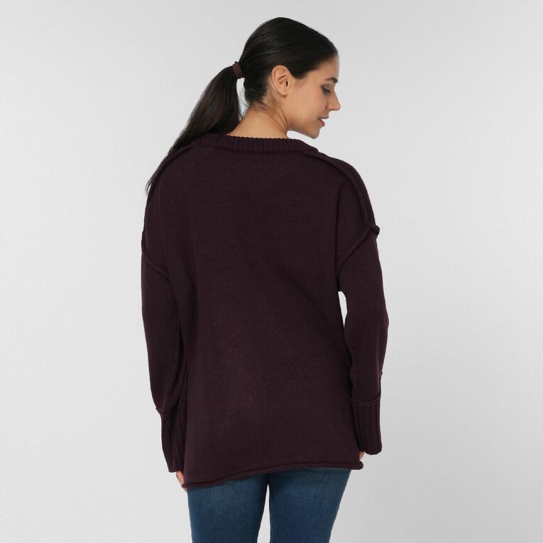 H&H Women's Long Chunky Knit With Contrast Stitch, Purple Dark, hi-res