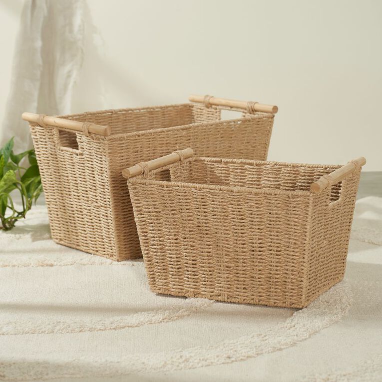 Living & Co Bamboo Handle Basket 48L x 31W x 29D cm Natural, , hi-res